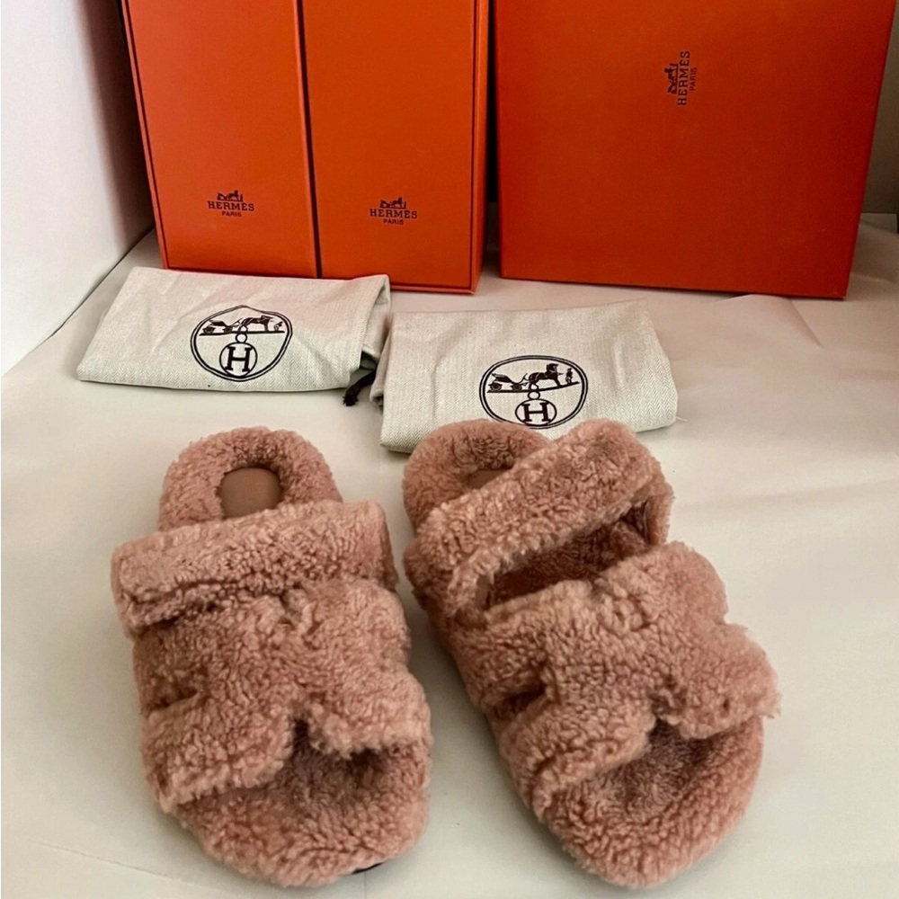 Hermès Shearling Sandals in Brown